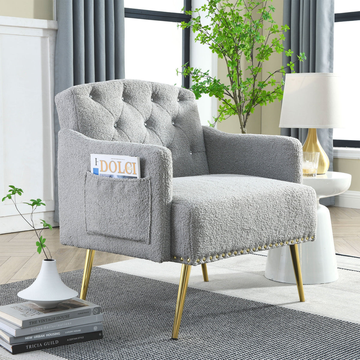 30 "W Modern Chesterfield Tufted Upholstered Chair with Deep Buttons, Living Room Chair, Comfortable Armchair, Gold Hardware Legs, Tufted Chair for Reading or Relaxing, GREY TEDDY