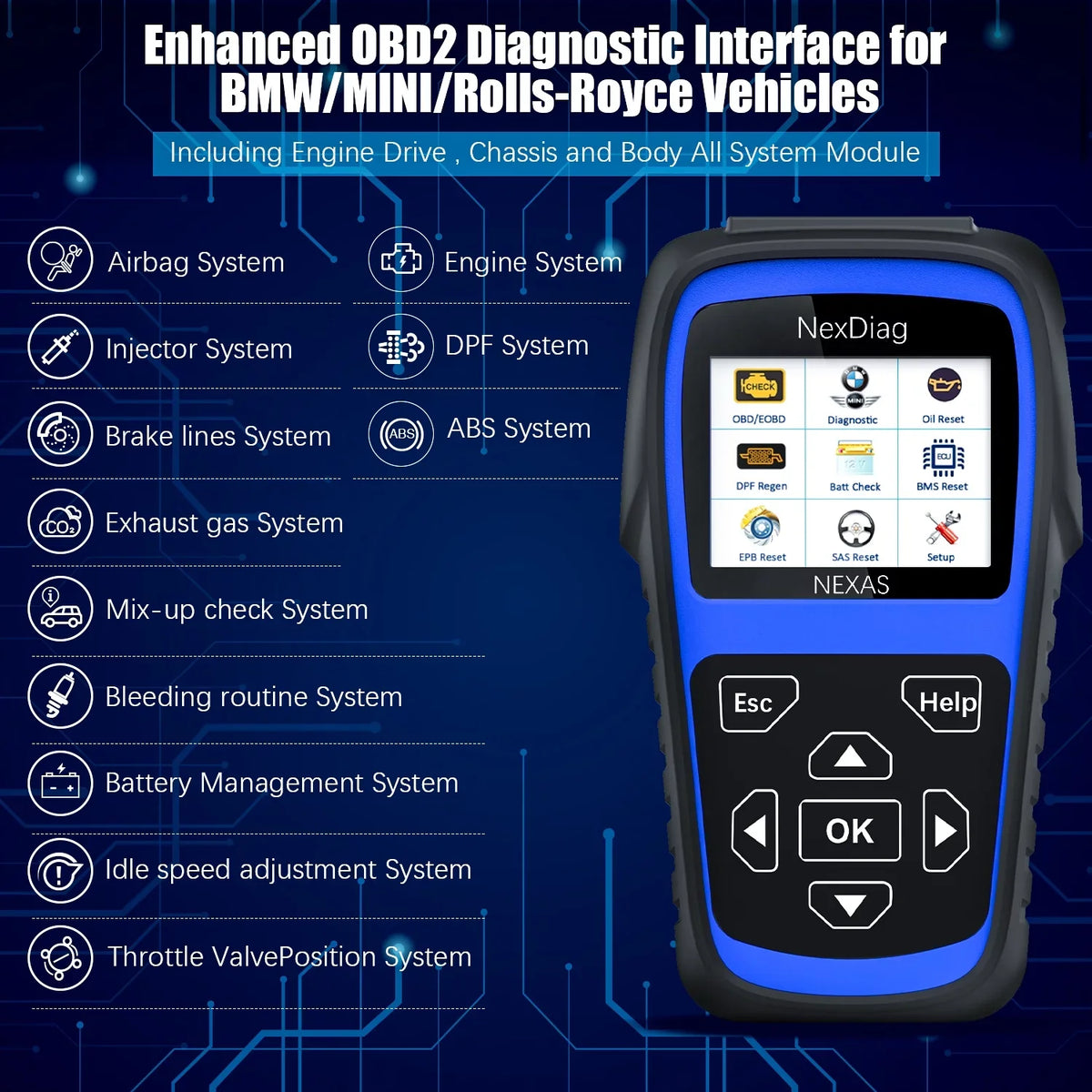 NEXAS ND601 OBD2 Scanner Fits for BMW & MINI Multi-System Diagnostic Scanner Automotive Diagnostic Maintenance Tool DPF Regen BMS Reset Check Engine Code Reader for Vehicles after 1996