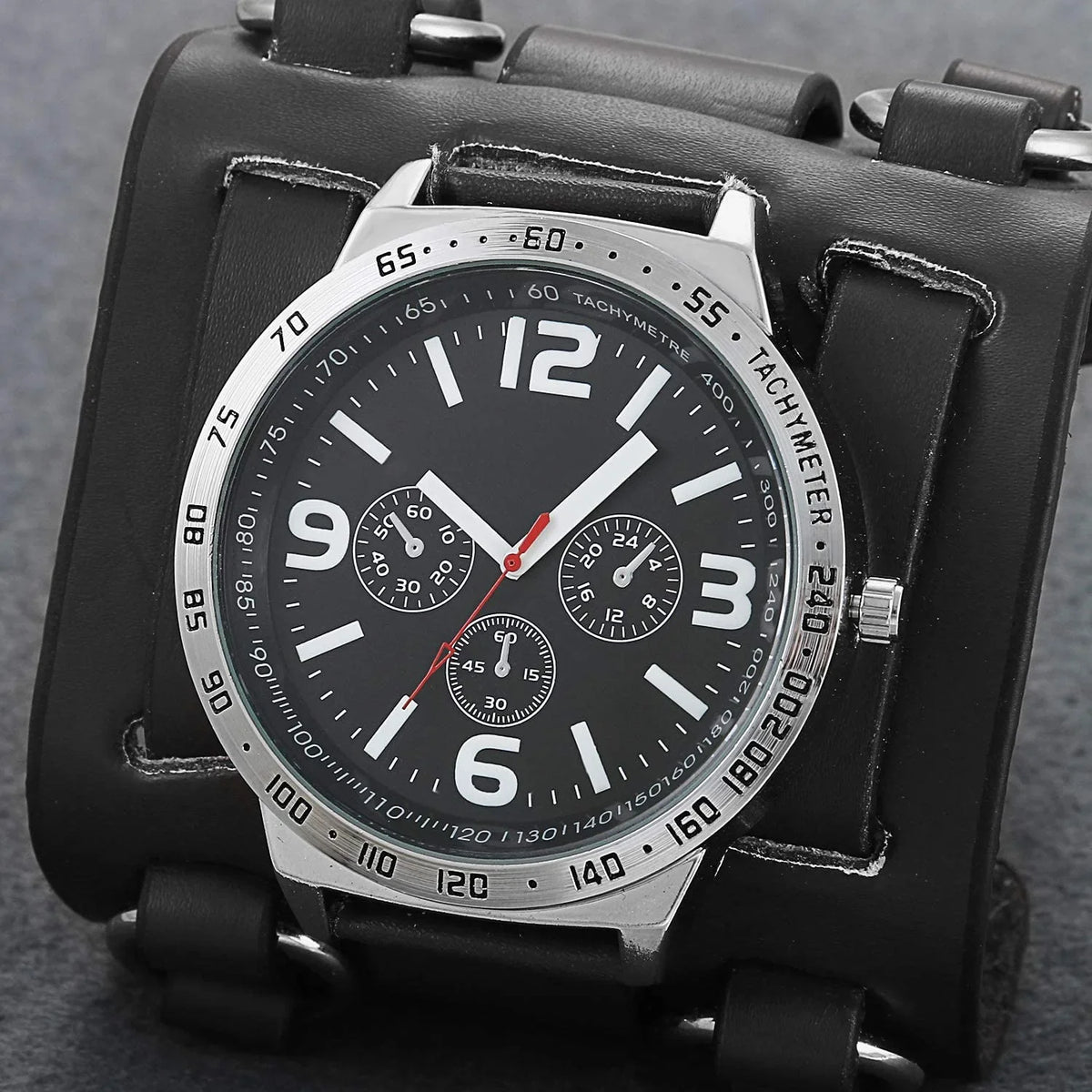 Mens Steampunk Retro Genuine Leather Replaceable Watch Military Japan Quartz Hip-hop Gothic Wide Bracelet Cuff Big Black Dial Sport Wrist Watches Costume Watch for Halloween