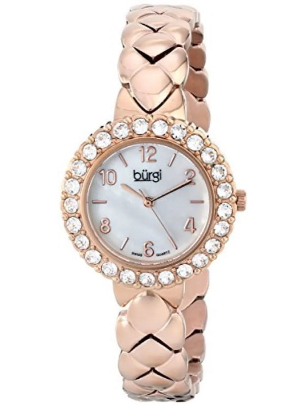 Women's BUR113RG Crystal Accented Rose Gold Swiss Quartz Watch with White Mother of Pearl Dial and Rose Gold Bracelet