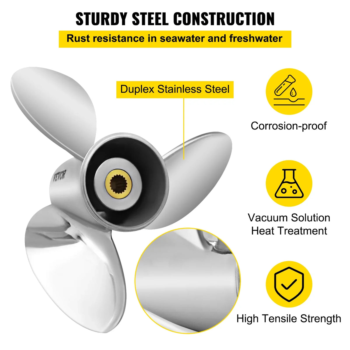 VEVOR Outboard Propeller, 3-Blade 14.5" x 21" Craft Propeller, Replace for OEM 3860709, Suitable with SX Sterndrives Outboard Volvo Penta Engine, Right-handed Steel Propeller Steel & 19 Spline Teeth