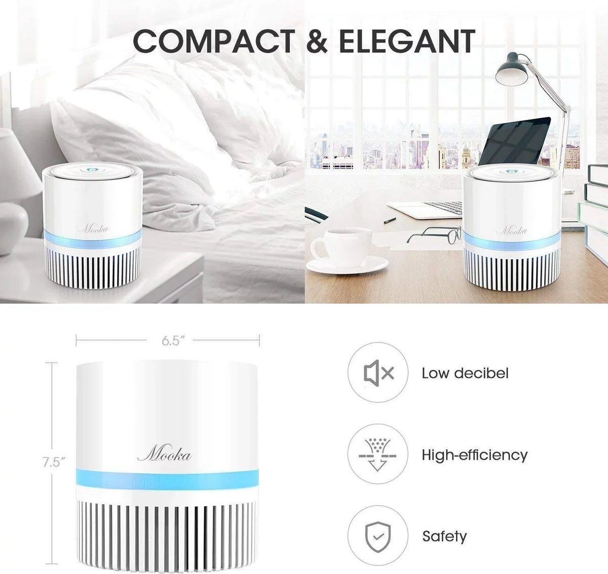 Air Filter for Home; 3-in-1 True HEPA Filter Air Cleaner for Bedroom and Office; Odor Eliminator for Allergies and Pets; Smoke; Dust; 3D Filtration; Night Light