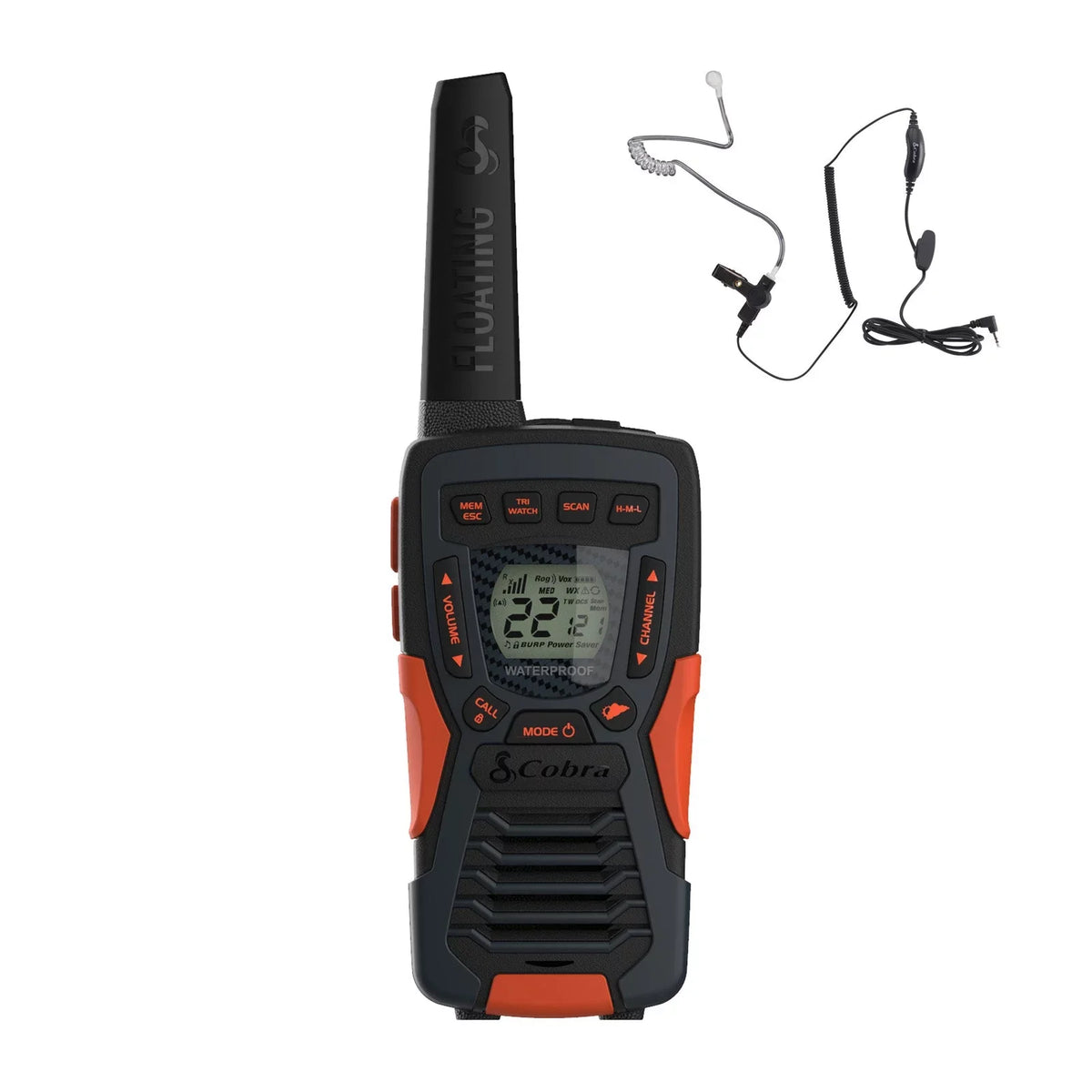 Cobra CXT1095 Emergency Two-Way Radios (1-Pack) IP67 Certified Waterproof Walkie Talkies Up to 40 Mile Range 22 Channels NOAA Condition Channels UHF/FM Ultra-Clear Reception With Surveillance Headset