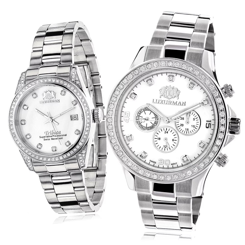 His and Hers Watches: White Gold Pltd Diamond Watch Set 3.5ct