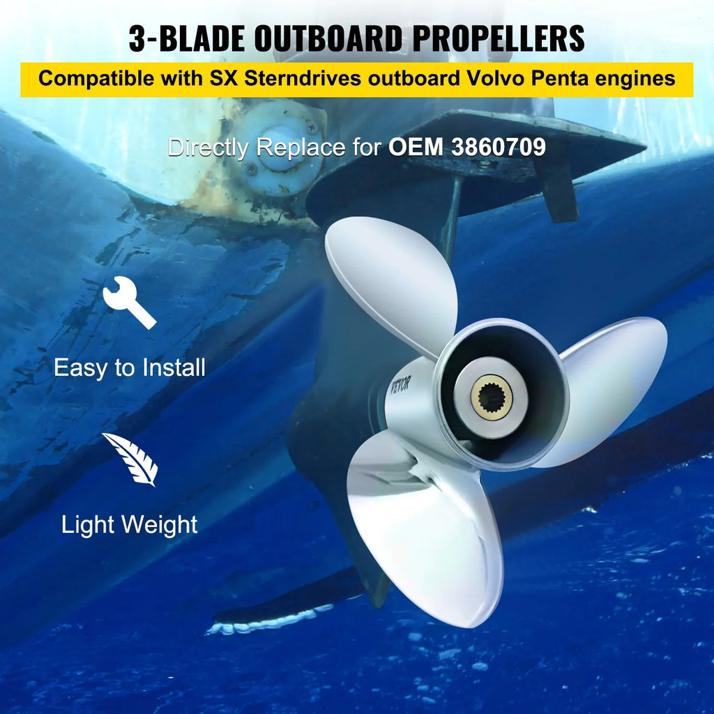 VEVOR Outboard Propeller, 3-Blade 14.5" x 21" Craft Propeller, Replace for OEM 3860709, Suitable with SX Sterndrives Outboard Volvo Penta Engine, Right-handed Steel Propeller Steel & 19 Spline Teeth