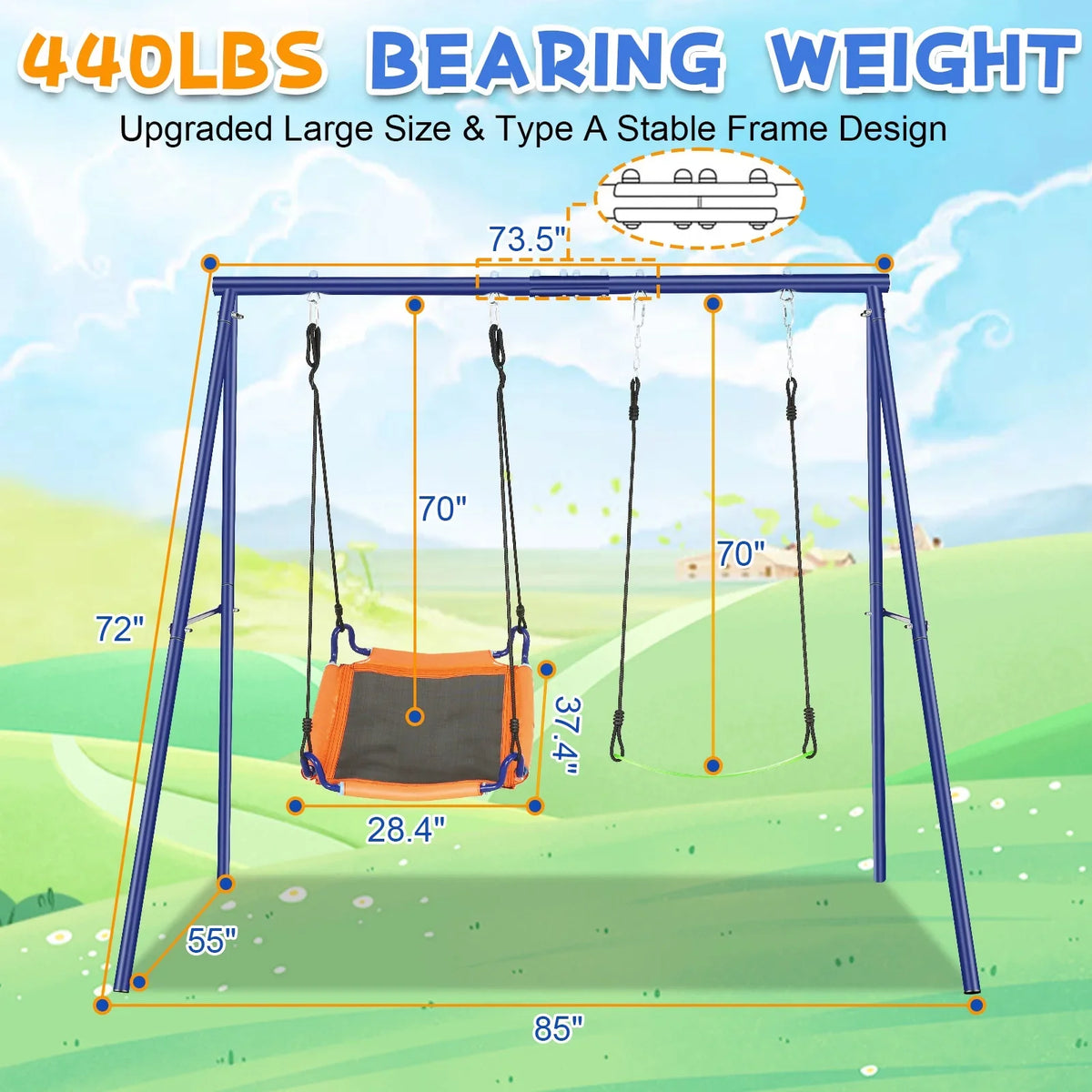 Qhomic Backyard Swing Set for Kids, 440lbs Outdoor Playground Swing Set with Heavy Duty Metal A-frame Swing Stand,2 Adjustable Swing Seats for Backyard, Park and Playground