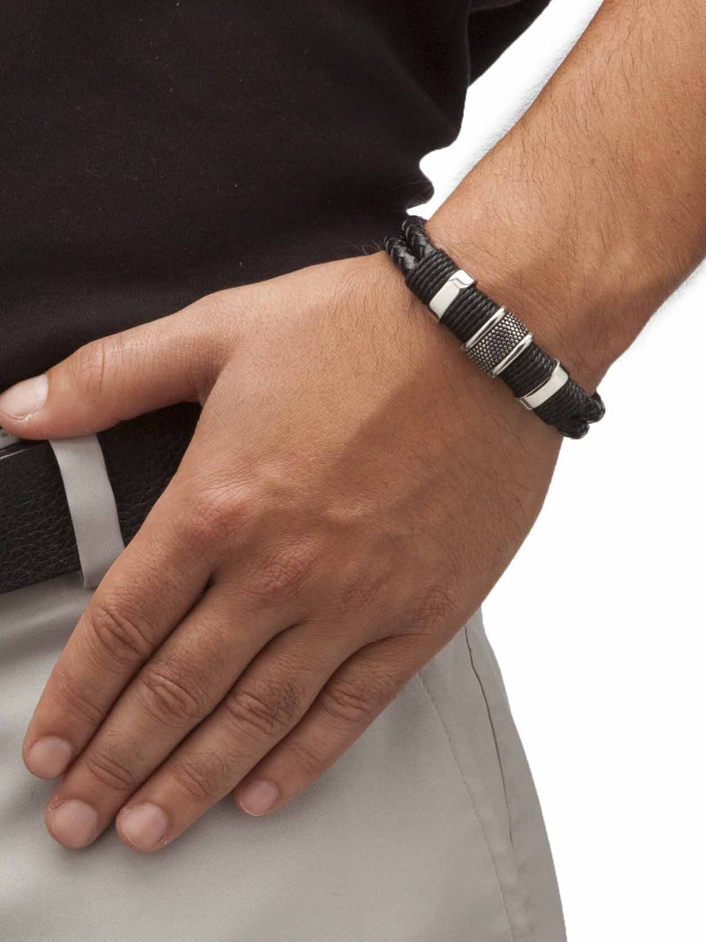 PalmBeach Jewelry Men's Tribal Bracelet With Magnetic Clasp in Stainless Steel and Braided Black Leather 8"