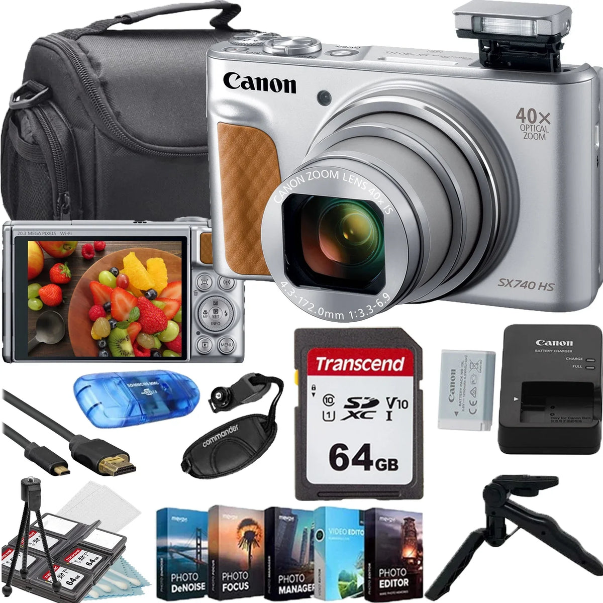 Canon PowerShot SX740 HS Digital Camera (Silver)+64GB Memory Card+Camera Shoulder Bag+Steady Gripster Tripod+Deluxe Accessory Bundle