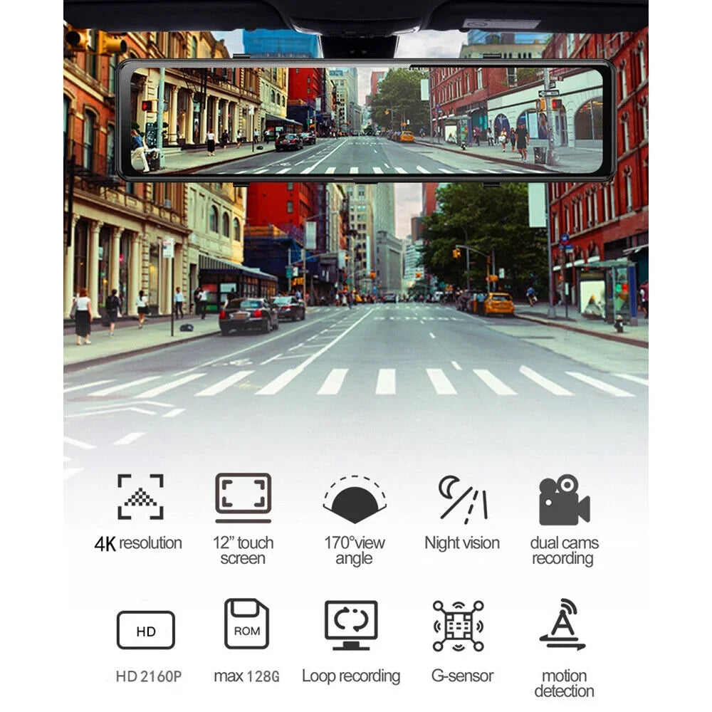 G·PEH US 4K WiFi Mirror GPS Dash Cam 12" Voice Control Car RearView Backup Dual
