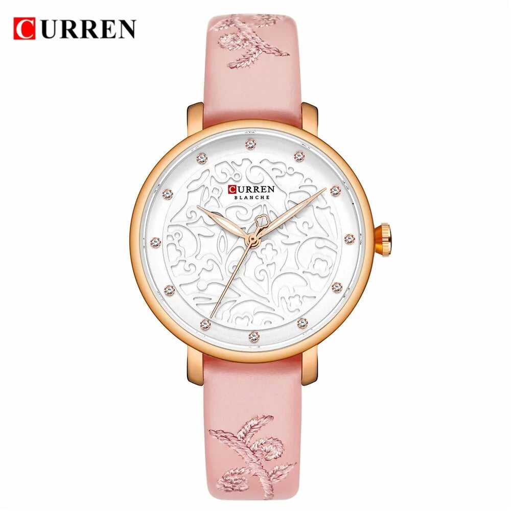 Top Brand Curren Women Watches Pink Leather Wristwatch With Rhinestone Ladies Clock Fashion Luxury Quartz Watch Relogio Feminino - Quartz Wristwatches