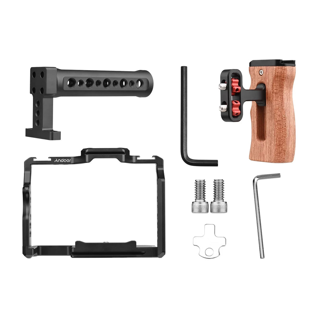 Andoer Video Cage + Handle + Side Wooden Grip Kit Aluminum Alloy with Dual Cold Shoe Mounts Numerous 14 Inch Threads Replacement for Sony A7IV/ A7III/ A7II/ A7R III/ A7R II/ A7S II