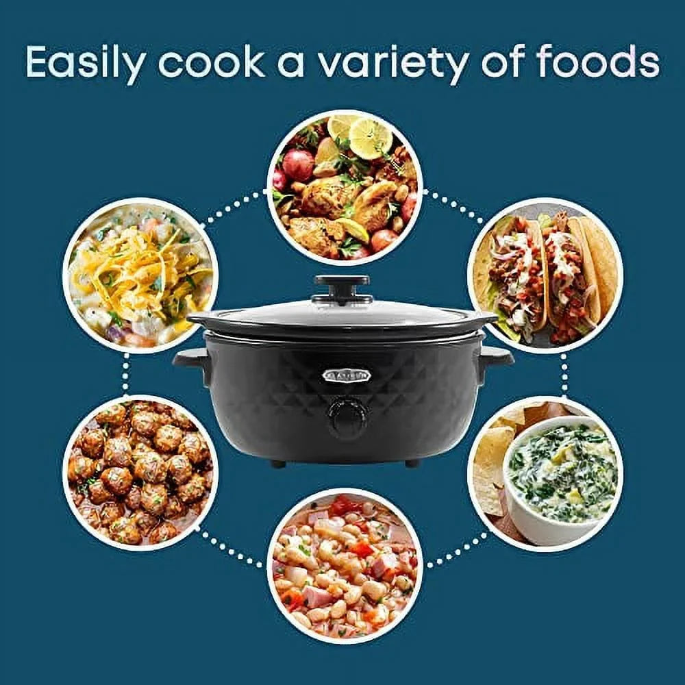 Elite Gourmet MST1234BX# Diamond Pattern Slow Cooker Removable, Dishwasher-Safe Stoneware Pot with Tempered Glass Lid, Cool-Touch Handles, 6 Quart, Charcoal Black