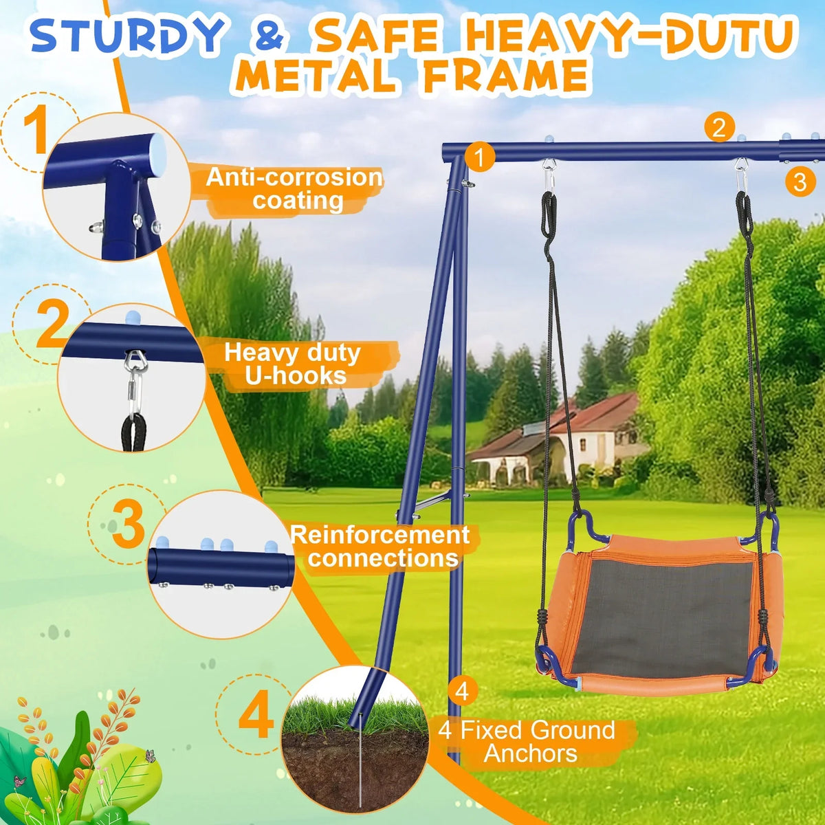 Qhomic Backyard Swing Set for Kids, 440lbs Outdoor Playground Swing Set with Heavy Duty Metal A-frame Swing Stand,2 Adjustable Swing Seats for Backyard, Park and Playground