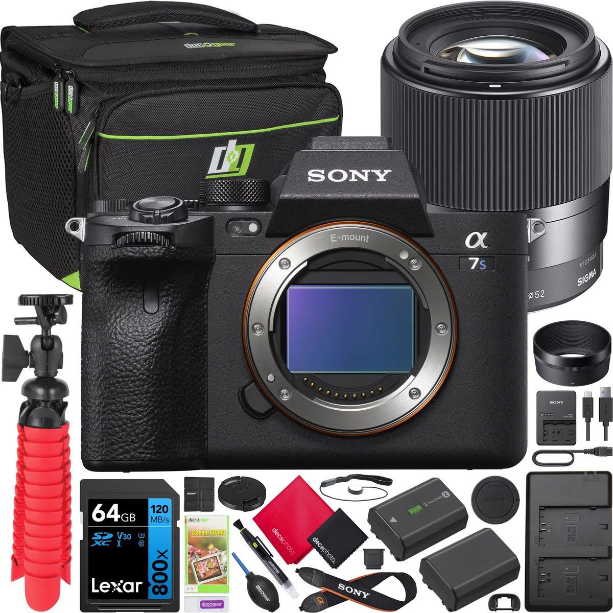 Sony a7S III Full Frame Mirrorless Camera Body ILCE-7SM3/B Bundle with Sigma 30mm F1.4 DC DN Contemporary Lens 302965 + Deco Gear Bag + Extra Battery & Dual Charger + 64GB Card + Tripod & Accessories