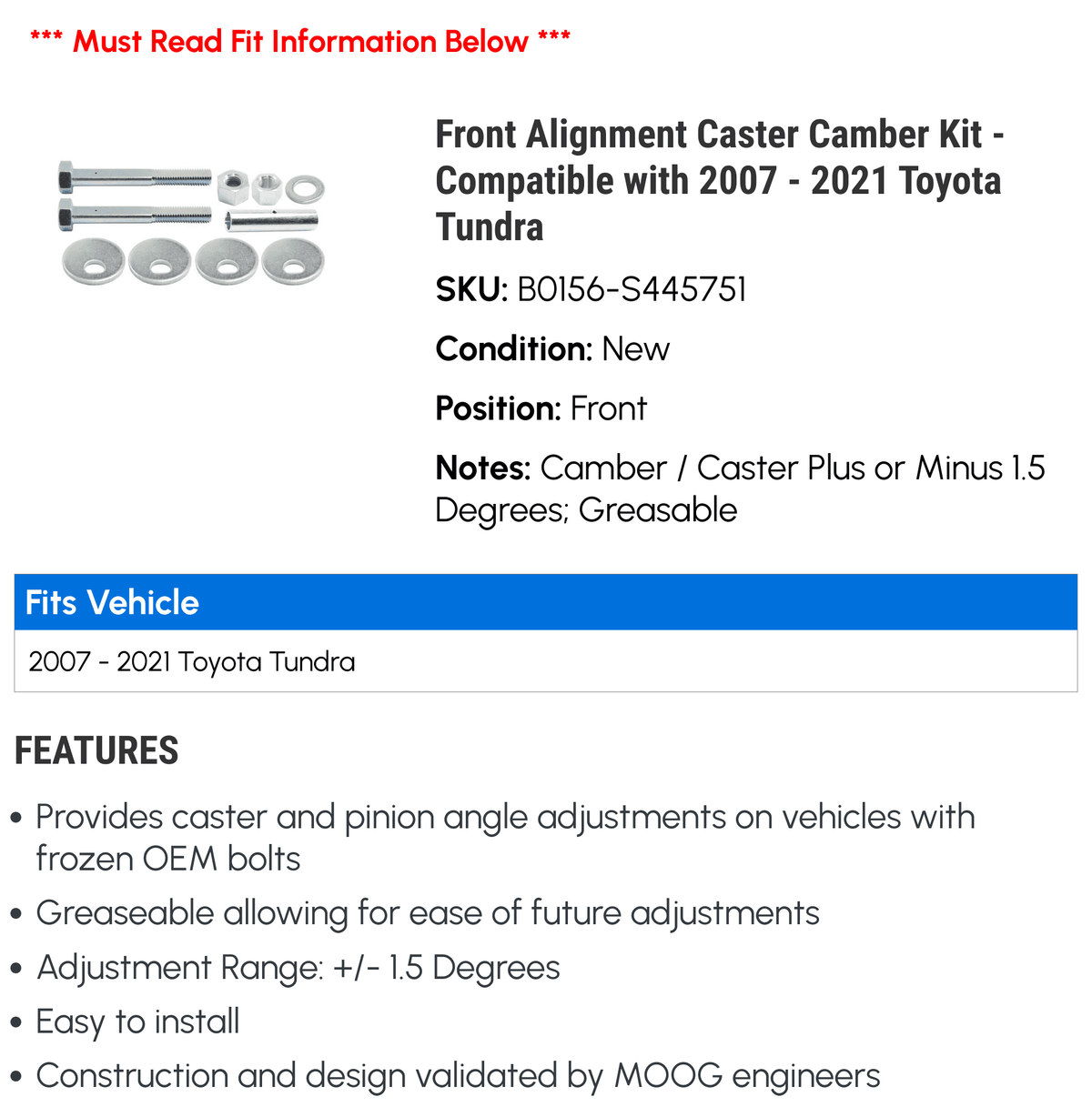 Front Alignment Caster Camber Kit - Fitting with 2007 - 2021 Toyota Tundra 2008 2009 2010 2011 2012 2013 2014 2015 2016 2017 2018 2019 2020 2022