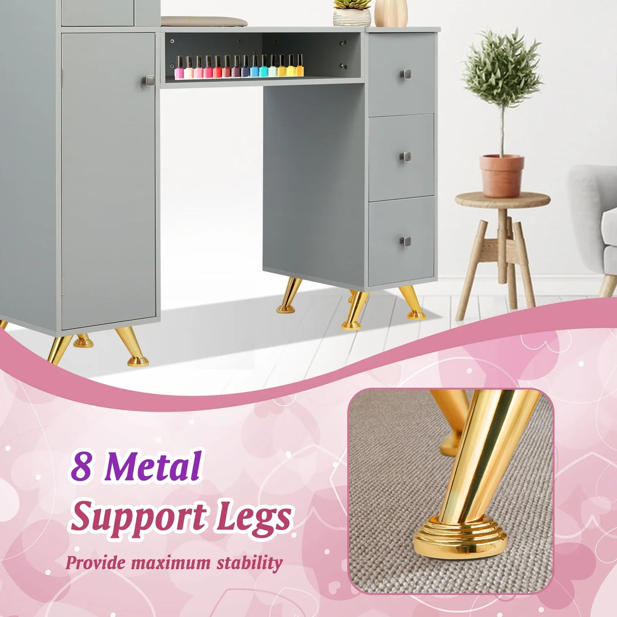 LUXMARS Manicure Table Nail Desk for Technician w/Wrist Rest & Plastic Table Mat, Acetone Strong Nail Table Station w/Large Capacity Storage Space, for Home Spa Beauty Salon - Grey