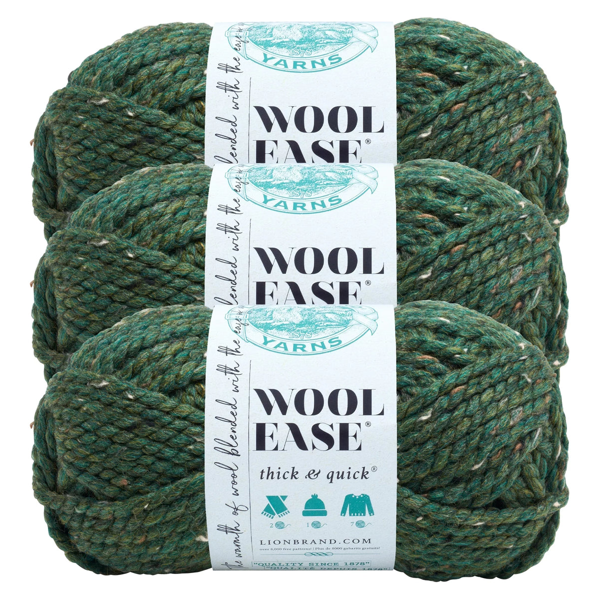 Lion Brand Yarn Wool-Ease Thick & Quick Super Kale Bulky Acrylic, Wool Green Yarn 3 Pack