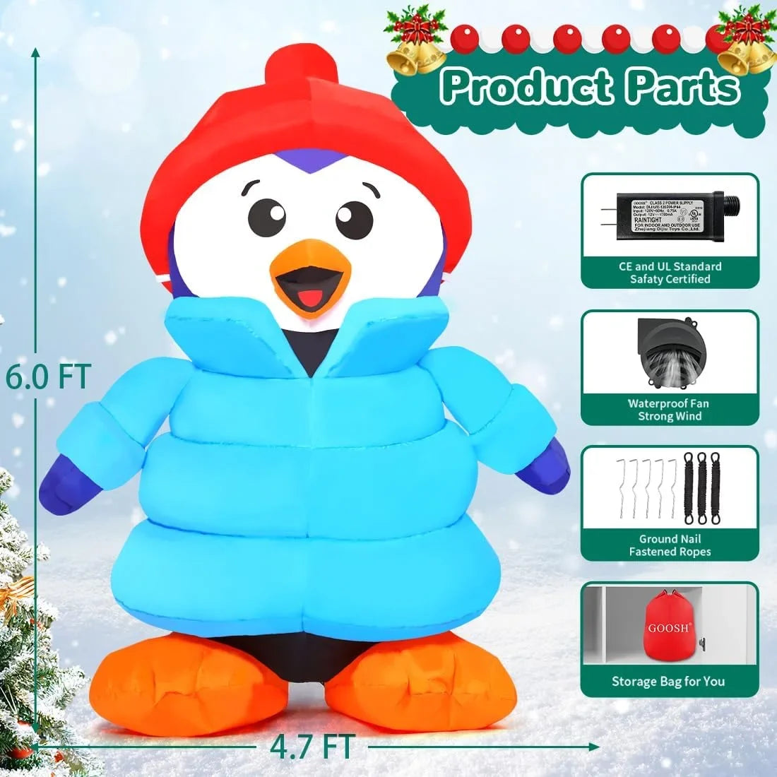 GOOSH Christmas Inflatable 6 FT Christmas Decorations Penguin with Hat, Outdoor Penguin Decorations with LED Lights, Inflatable Penguin Christmas Outdoor Inflatable Decorations Clearance for Xmas