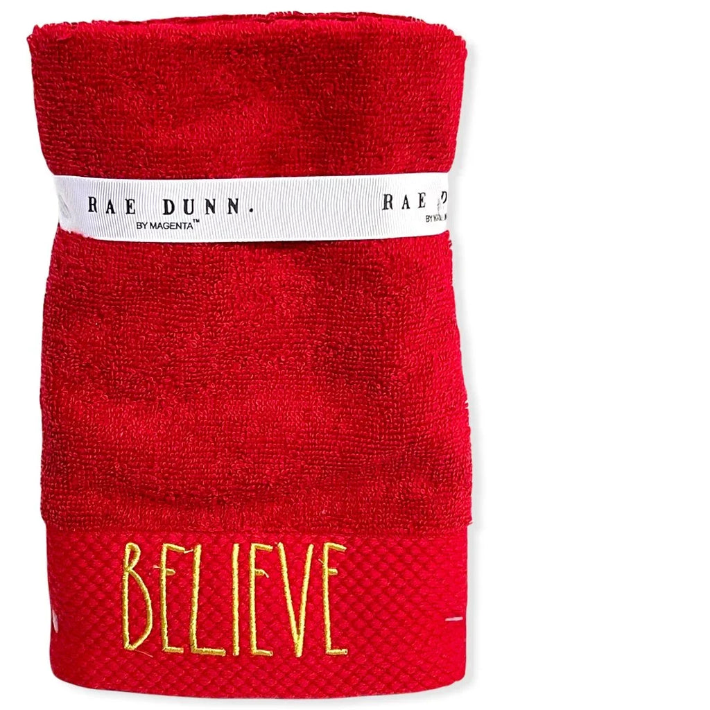 Rae Dunn Fingertip Towels Set of 2 Red - BELIEVE LL Gold 12'x 18' Holiday