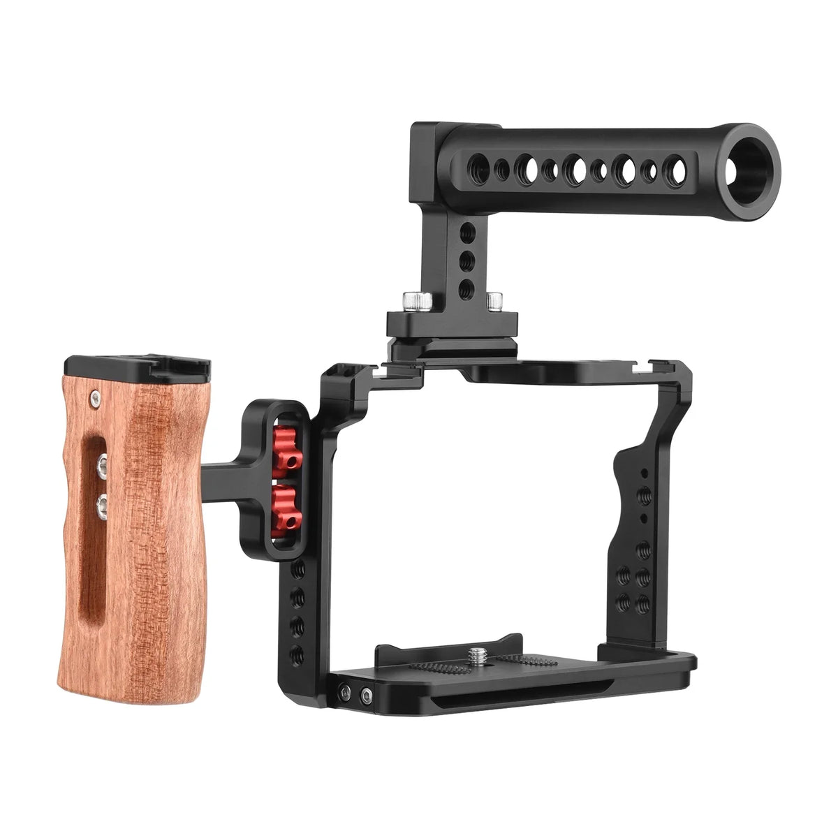 Andoer Video Cage + Handle + Side Wooden Grip Kit Aluminum Alloy with Dual Cold Shoe Mounts Numerous 14 Inch Threads Replacement for Sony A7IV/ A7III/ A7II/ A7R III/ A7R II/ A7S II
