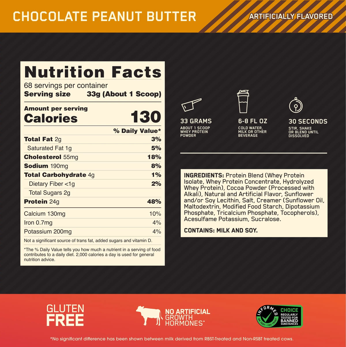 Optimum Nutrition, Gold Standard 100% Whey Protein Powder, Chocolate Peanut Butter, 5 lb, 68 Servings