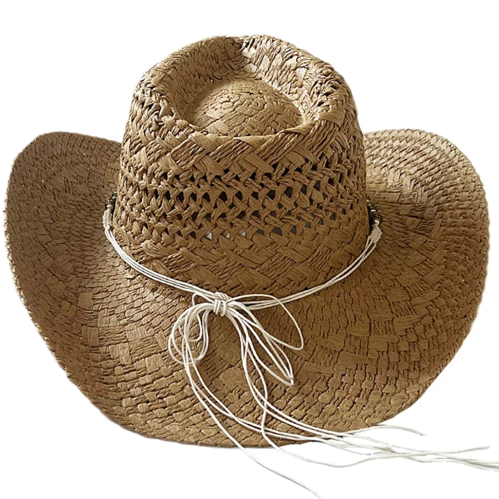 Keevoom Straw Cowboy Hats for Women Men Vintage Beach Sunshade Hat With Bead Belt