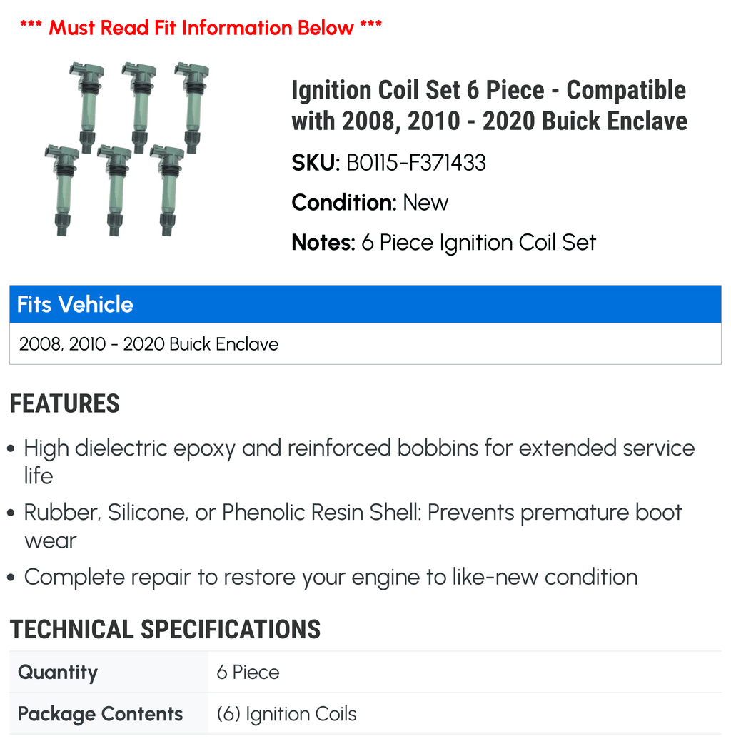 Ignition Coil Set 6 Piece - Suitable with 2008, 2010 - 2020 Buick Enclave 2011 2012 2013 2014 2015 2016 2017 2018 2019