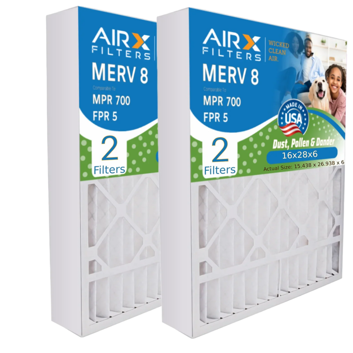 16x28x6 Air Filter MERV 8 Comparable to MPR 700 & FPR 5 Matching with Aprilaire 401 Premium USA Made 16x28x6 Furnace Filter 2 Pack by AIRX FILTERS WICKED CLEAN AIR.